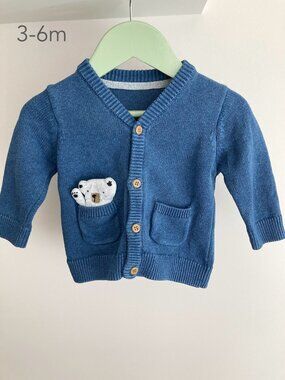 🪴5/$30 Mothercare 3-6 Months Baby Bear Blue Knit Button Cardigan Fall Winter